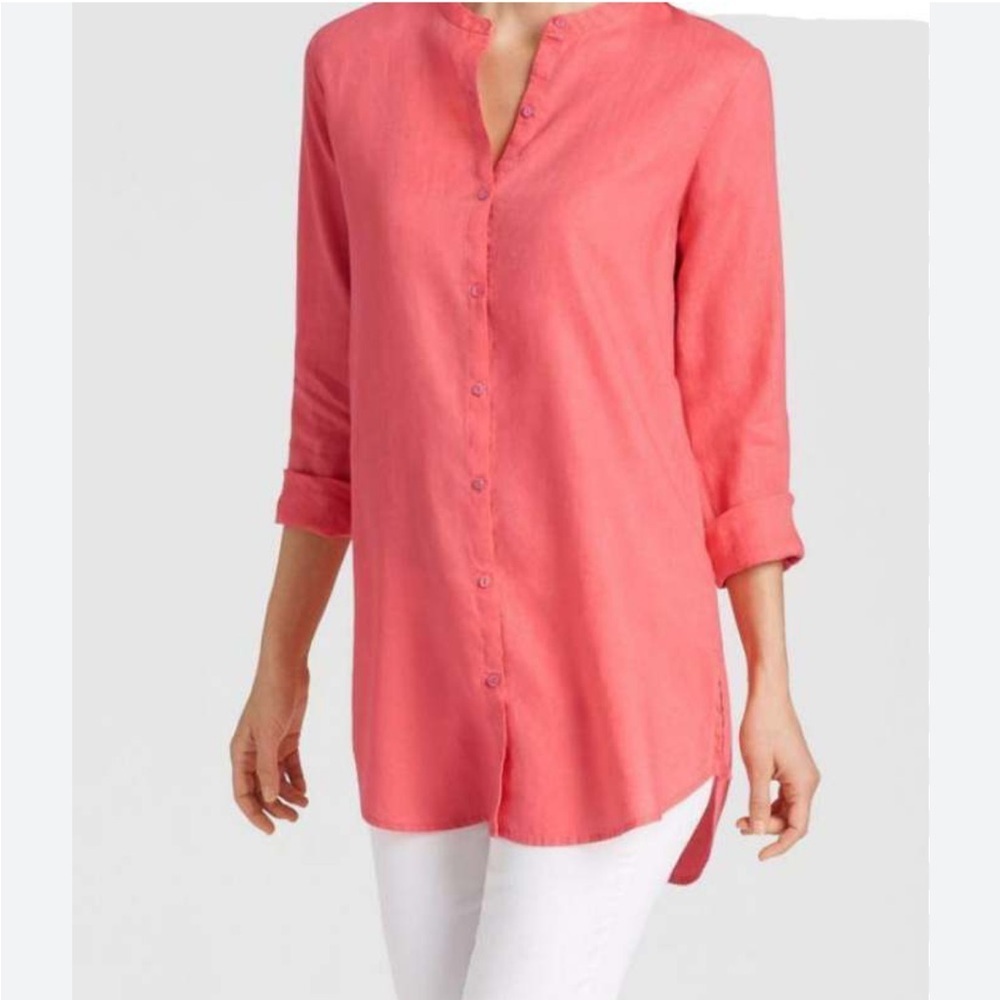 Eileen Fisher 100% Linen Mandarin Collar Button Top Sz L